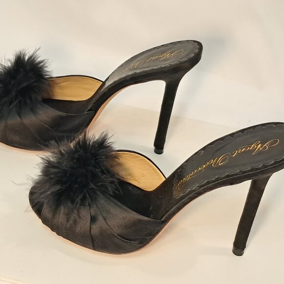 Agent Provocateur Elice Mules Satin 4.5" Stiletto Heels Feathers Black - Picture 5 of 10